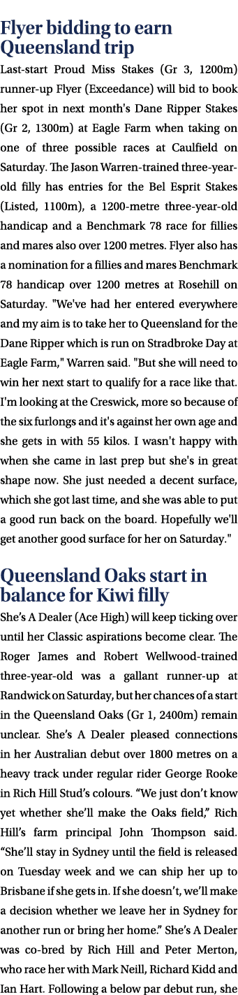  Flyer bidding to earn Queensland trip Last start Proud Miss Stakes (Gr 3, 1200m) runner up Flyer (Exceedance) will b...