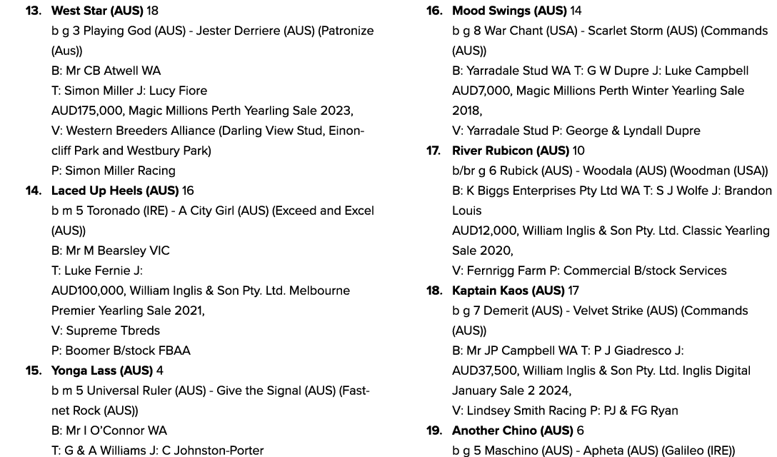 13. West Star (AUS) 18 b g 3 Playing God (AUS) Jester Derriere (AUS) (Patronize (Aus)) B: Mr CB Atwell WA T: Simon Mi...
