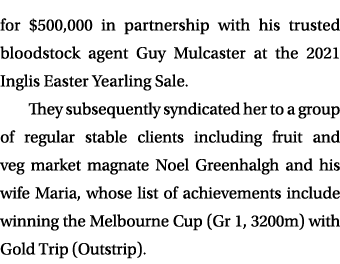 for $500,000 in partnership with his trusted bloodstock agent Guy Mulcaster at the 2021 Inglis Easter Yearling Sale. ...