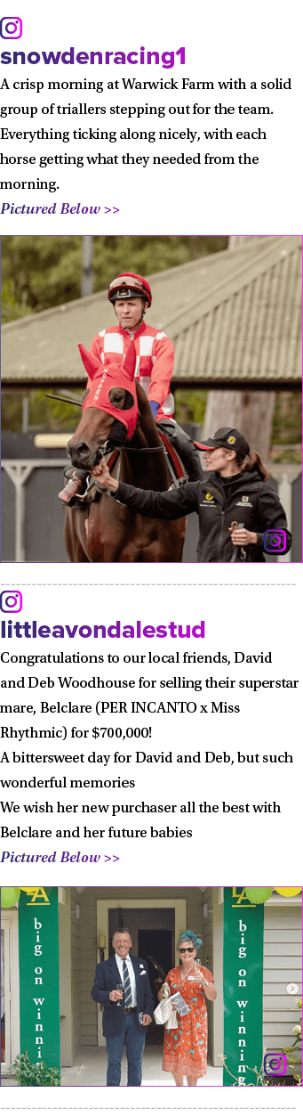 ￼ snowdenracing1 A crisp morning at Warwick Farm with a solid group of triallers stepping out for the team. Everythin...