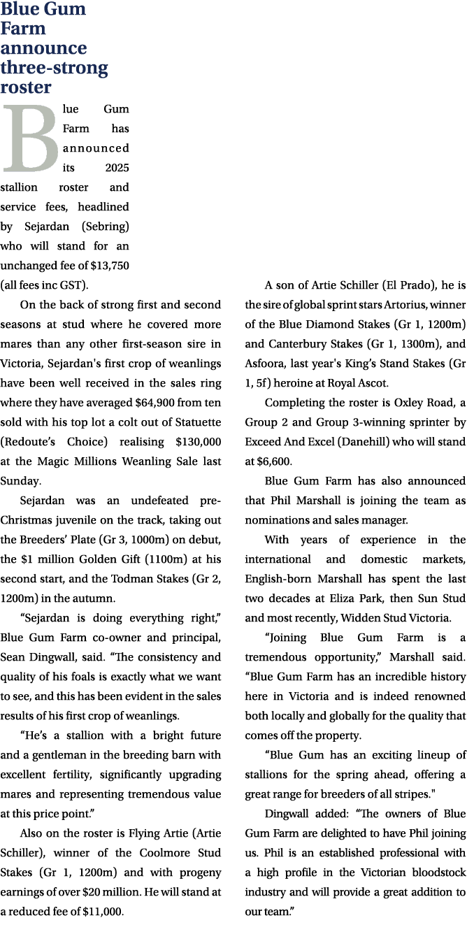 Blue Gum Farm announce three strong roster Blue Gum Farm has announced its 2025 stallion roster and service fees, hea...