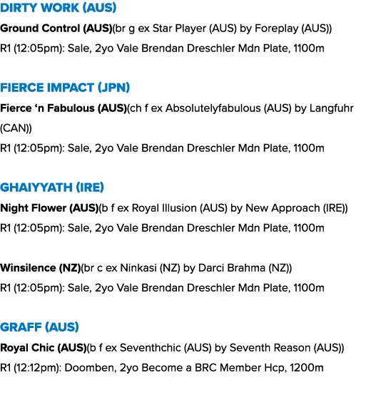 Dirty Work (AUS) Ground Control (AUS)(br g ex Star Player (AUS) by Foreplay (AUS)) R1 (12:05pm): Sale, 2yo Vale Brend...