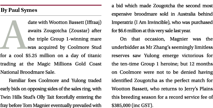 ￼ A date with Wootton Bassett (Iffraaj) awaits Zougotcha (Zoustar) after the triple Group 1 winning mare was acquired...