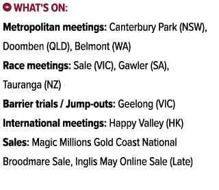 ￼ What's on: Metropolitan meetings: Canterbury Park (NSW), Doomben (QLD), Belmont (WA) Race meetings: Sale (VIC), Gaw...