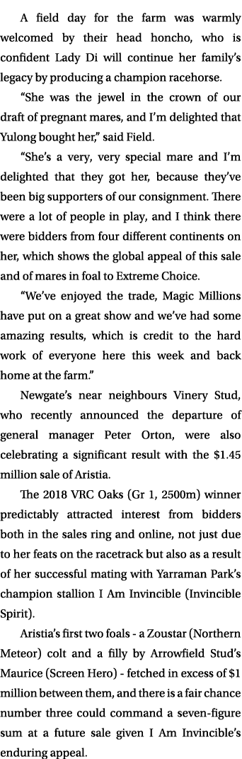 A field day for the farm was warmly welcomed by their head honcho, who is confident Lady Di will continue her family’...