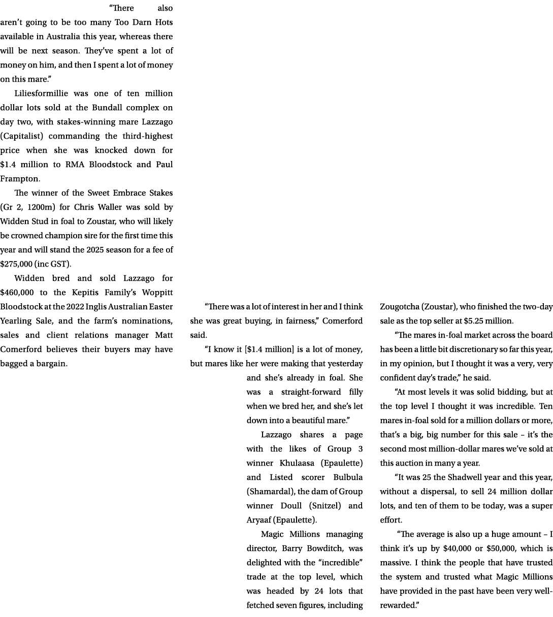 “There also aren’t going to be too many Too Darn Hots available in Australia this year, whereas there will be next se...