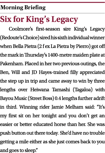  ￼ Six for King’s Legacy Coolmore’s first season sire King’s Legacy (Redoute’s Choice) sired his sixth individual win...