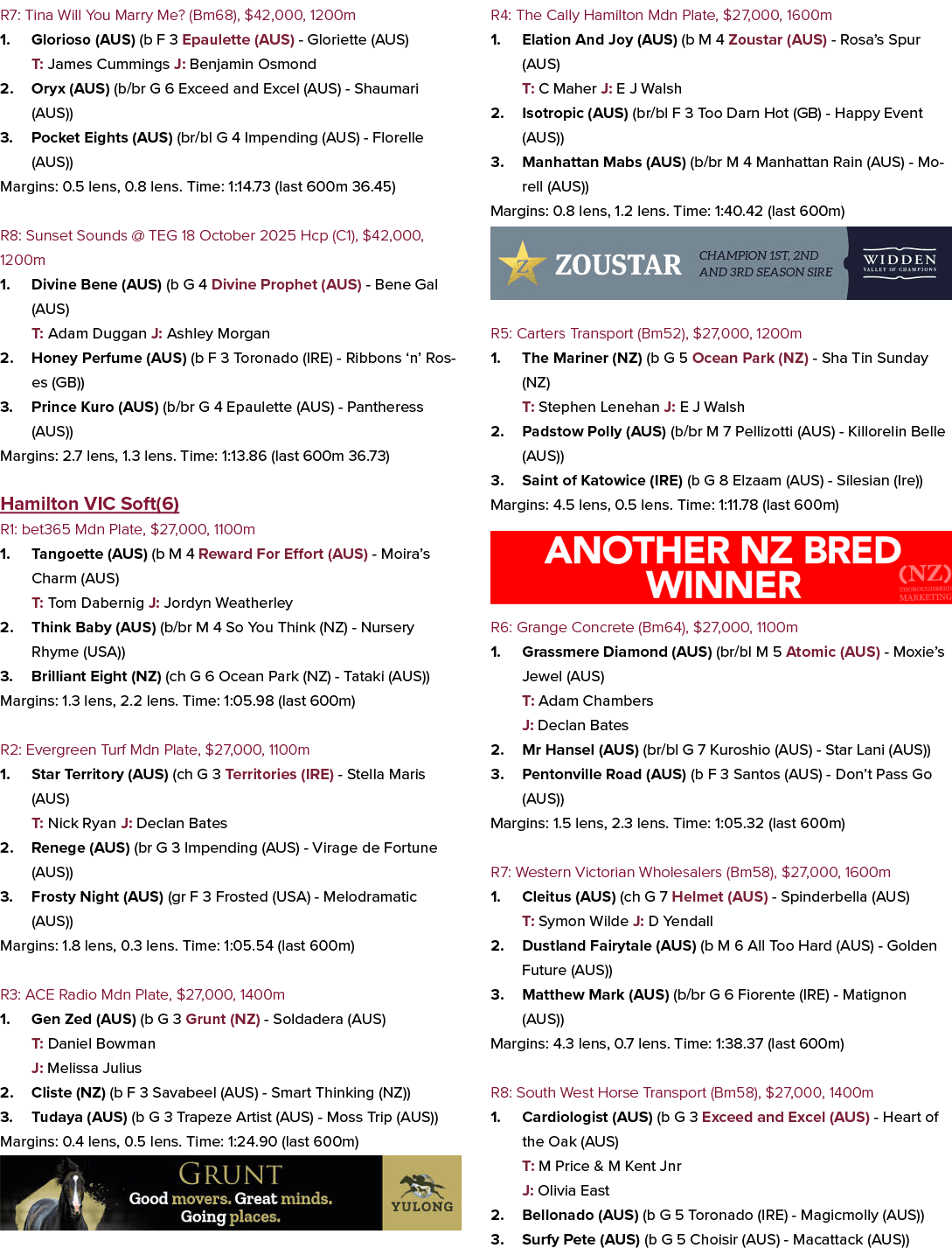 R7: Tina Will You Marry Me? (Bm68), $42,000, 1200m 1. Glorioso (AUS) (b F 3 Epaulette (AUS) Gloriette (AUS) T: James ...