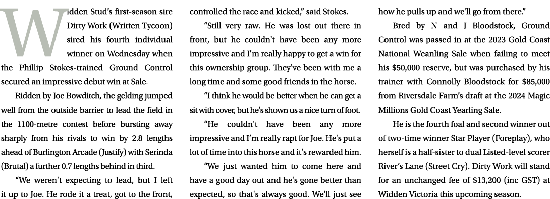 Widden Stud’s first season sire Dirty Work (Written Tycoon) sired his fourth individual winner on Wednesday when the ...