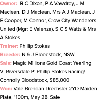 Owner: B C Dixon, P A Vawdrey, J M Maclean, D J Maclean, Mrs A J Maclean, J E Cooper, M Connor, Crow City Wanderers U...