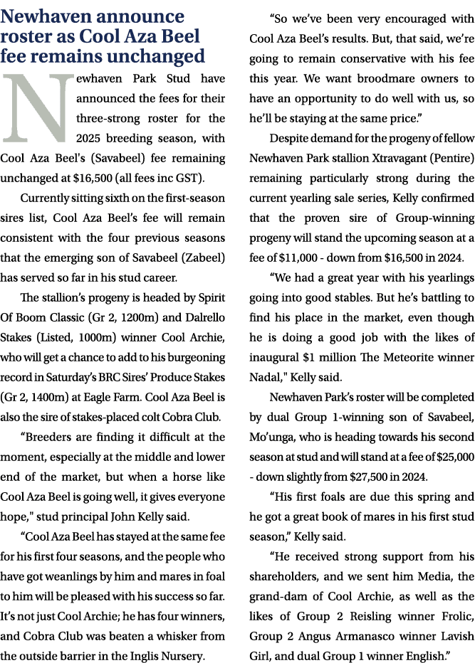 Newhaven announce roster as Cool Aza Beel fee remains unchanged Newhaven Park Stud have announced the fees for their ...