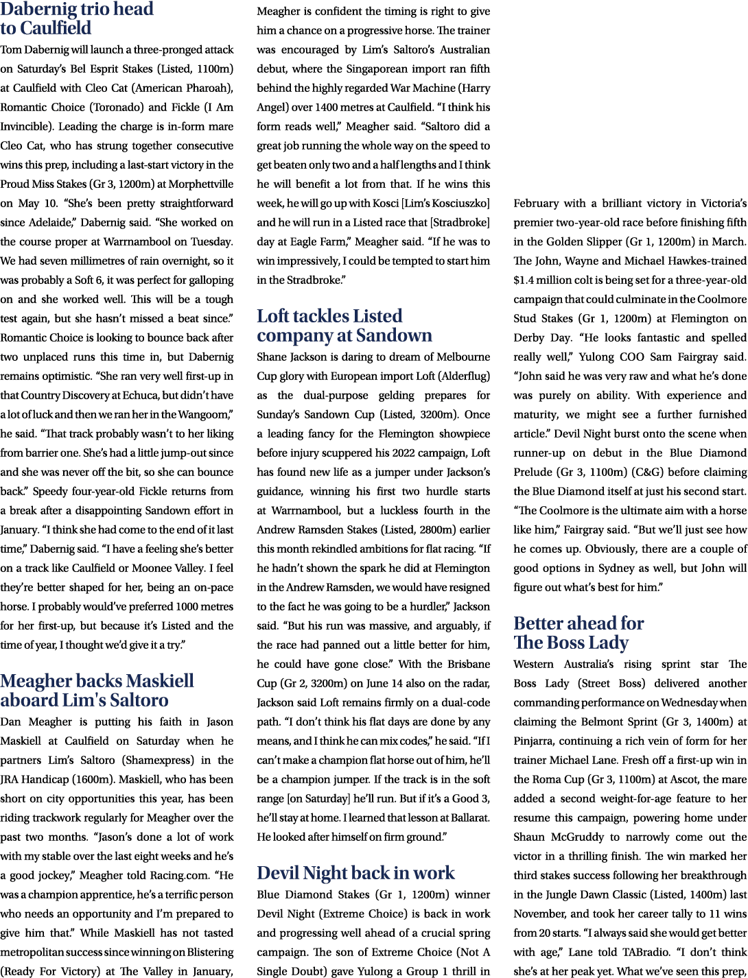 Dabernig trio head to Caulfield Tom Dabernig will launch a three pronged attack on Saturday’s Bel Esprit Stakes (List...