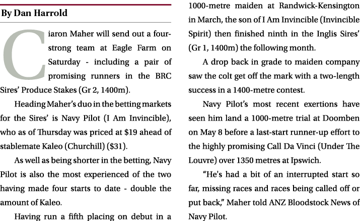 ￼ Ciaron Maher will send out a four strong team at Eagle Farm on Saturday including a pair of promising runners in th...