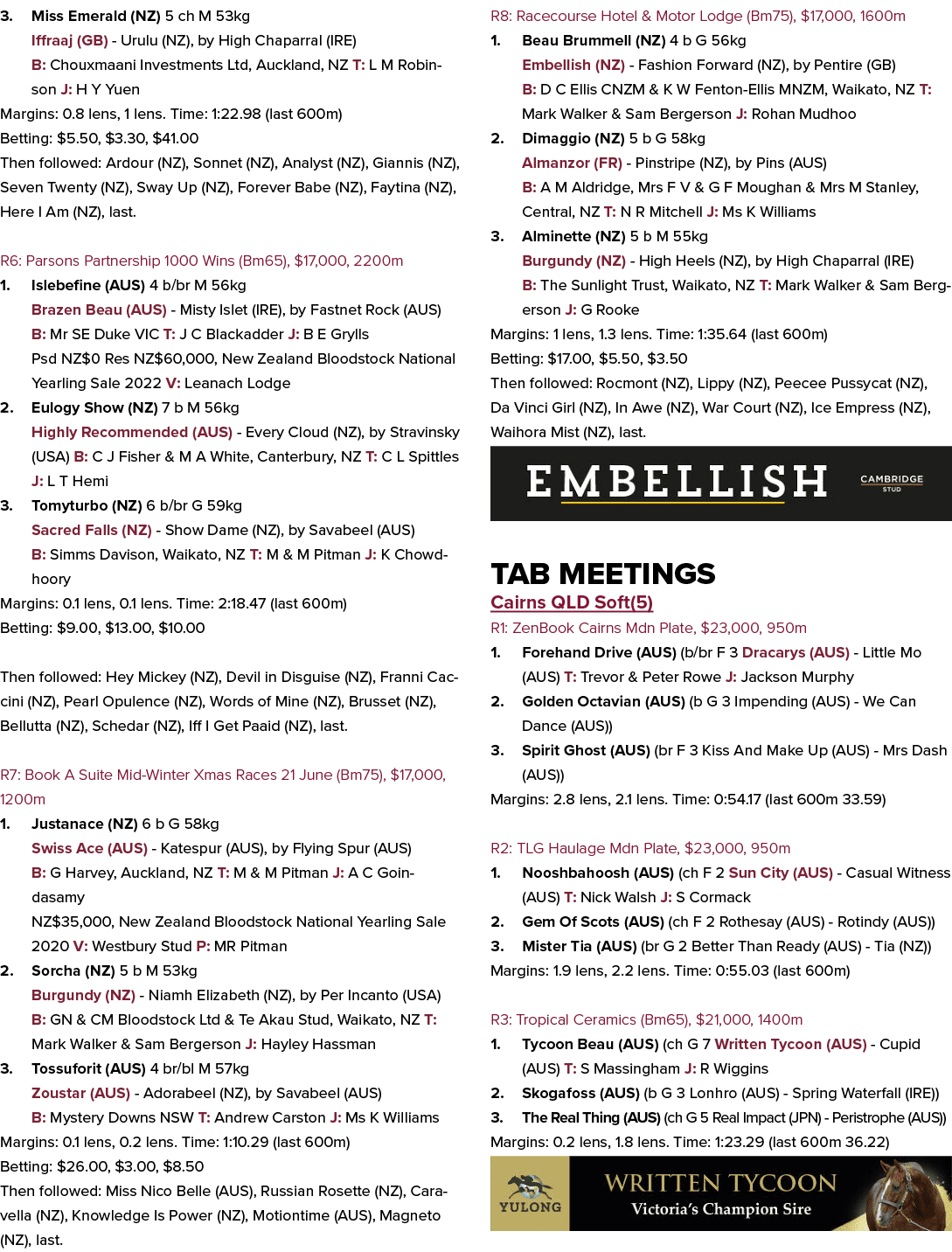 3. Miss Emerald (NZ) 5 ch M 53kg Iffraaj (GB) Urulu (NZ), by High Chaparral (IRE) B: Chouxmaani Investments Ltd, Auck...