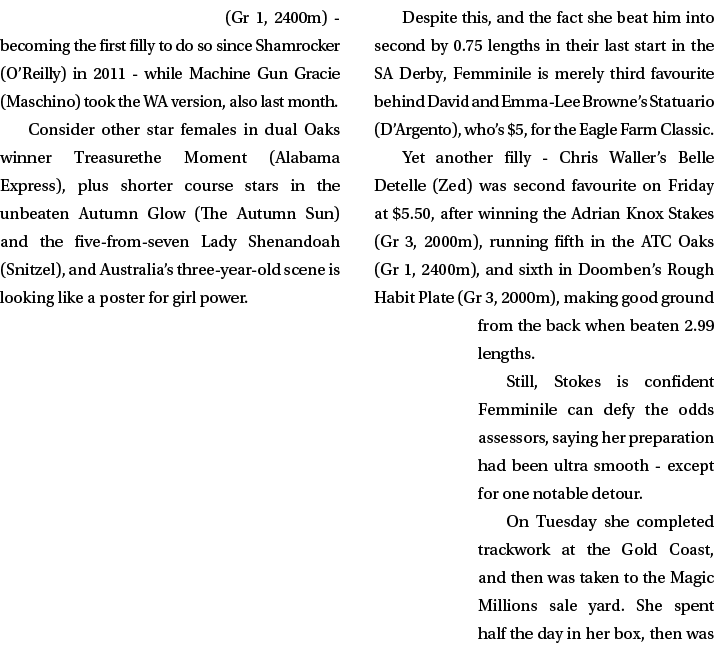 (Gr 1, 2400m) becoming the first filly to do so since Shamrocker (O’Reilly) in 2011 while Machine Gun Gracie (Maschin...