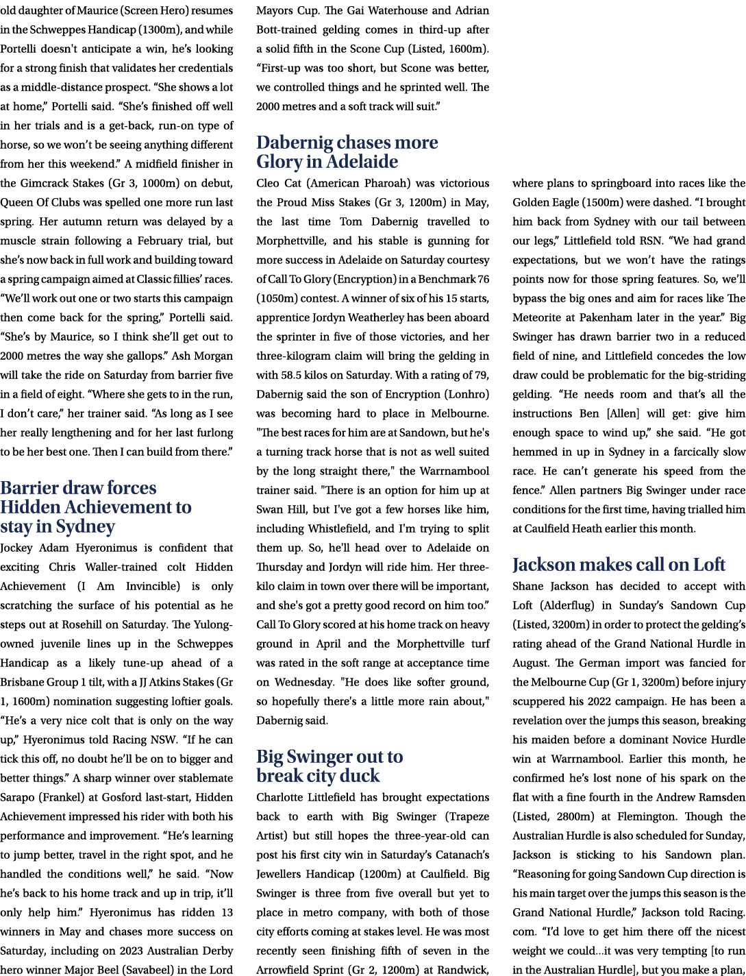 old daughter of Maurice (Screen Hero) resumes in the Schweppes Handicap (1300m), and while Portelli doesn't anticipat...