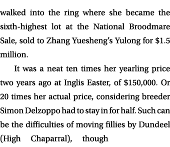 walked into the ring where she became the sixth highest lot at the National Broodmare Sale, sold to Zhang Yuesheng’s ...