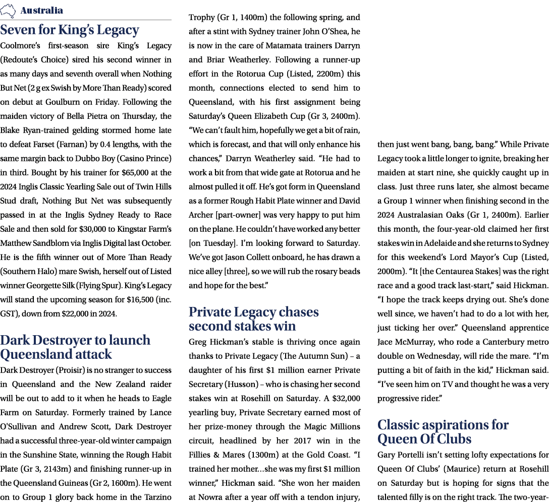 ￼ Seven for King’s Legacy Coolmore’s first season sire King’s Legacy (Redoute’s Choice) sired his second winner in as...