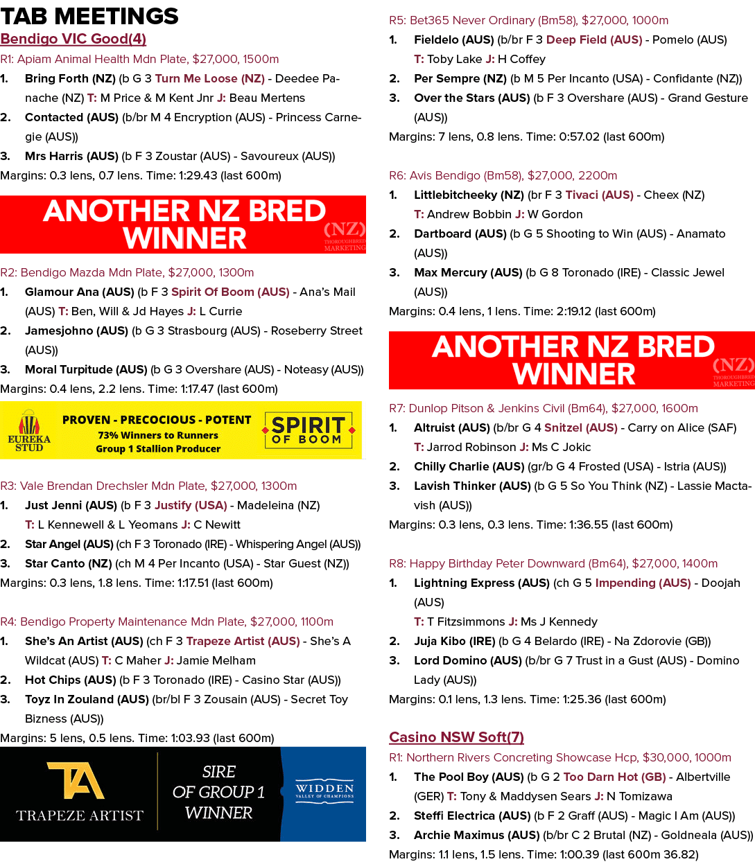 Tab Meetings Bendigo VIC Good(4) R1: Apiam Animal Health Mdn Plate, $27,000, 1500m 1. Bring Forth (NZ) (b G 3 Turn Me...