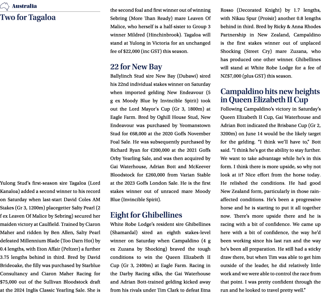 ￼ Two for Tagaloa Yulong Stud’s first season sire Tagaloa (Lord Kanaloa) added a second winner to his record on Satur...