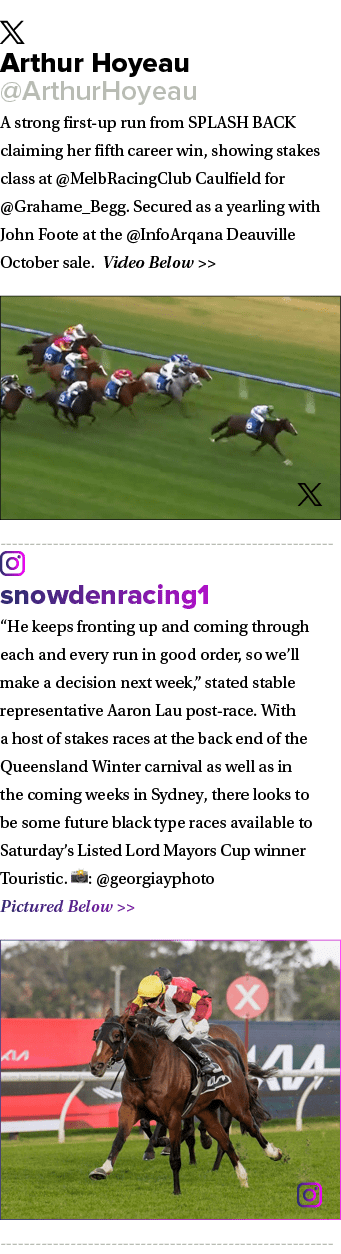 ￼ Arthur Hoyeau @ArthurHoyeau A strong first up run from SPLASH BACK claiming her fifth career win, showing stakes cl...