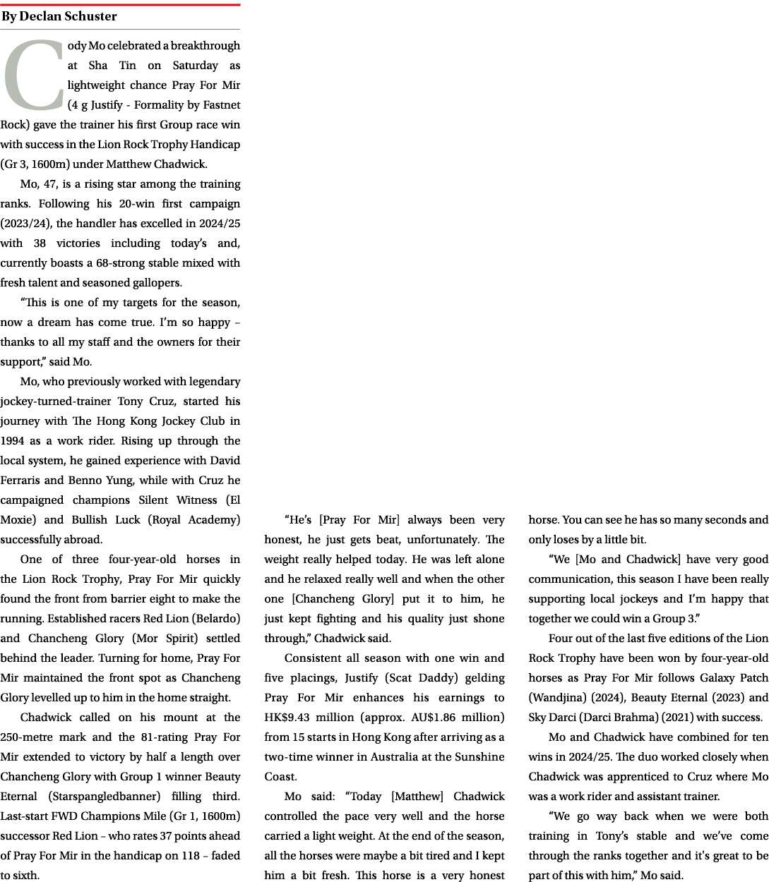 ￼ Cody Mo celebrated a breakthrough at Sha Tin on Saturday as lightweight chance Pray For Mir (4 g Justify Formality ...