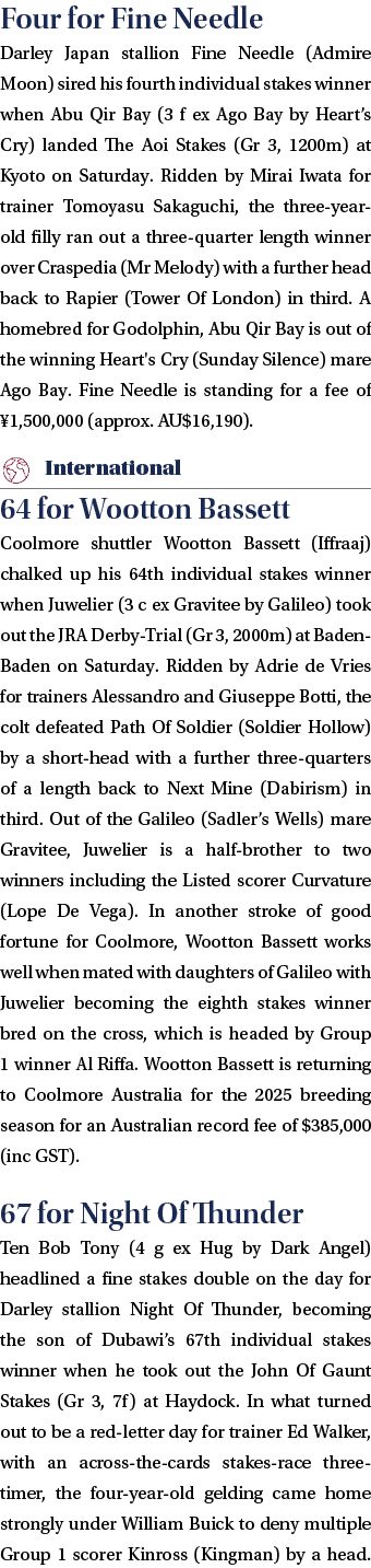 Four for Fine Needle Darley Japan stallion Fine Needle (Admire Moon) sired his fourth individual stakes winner when A...