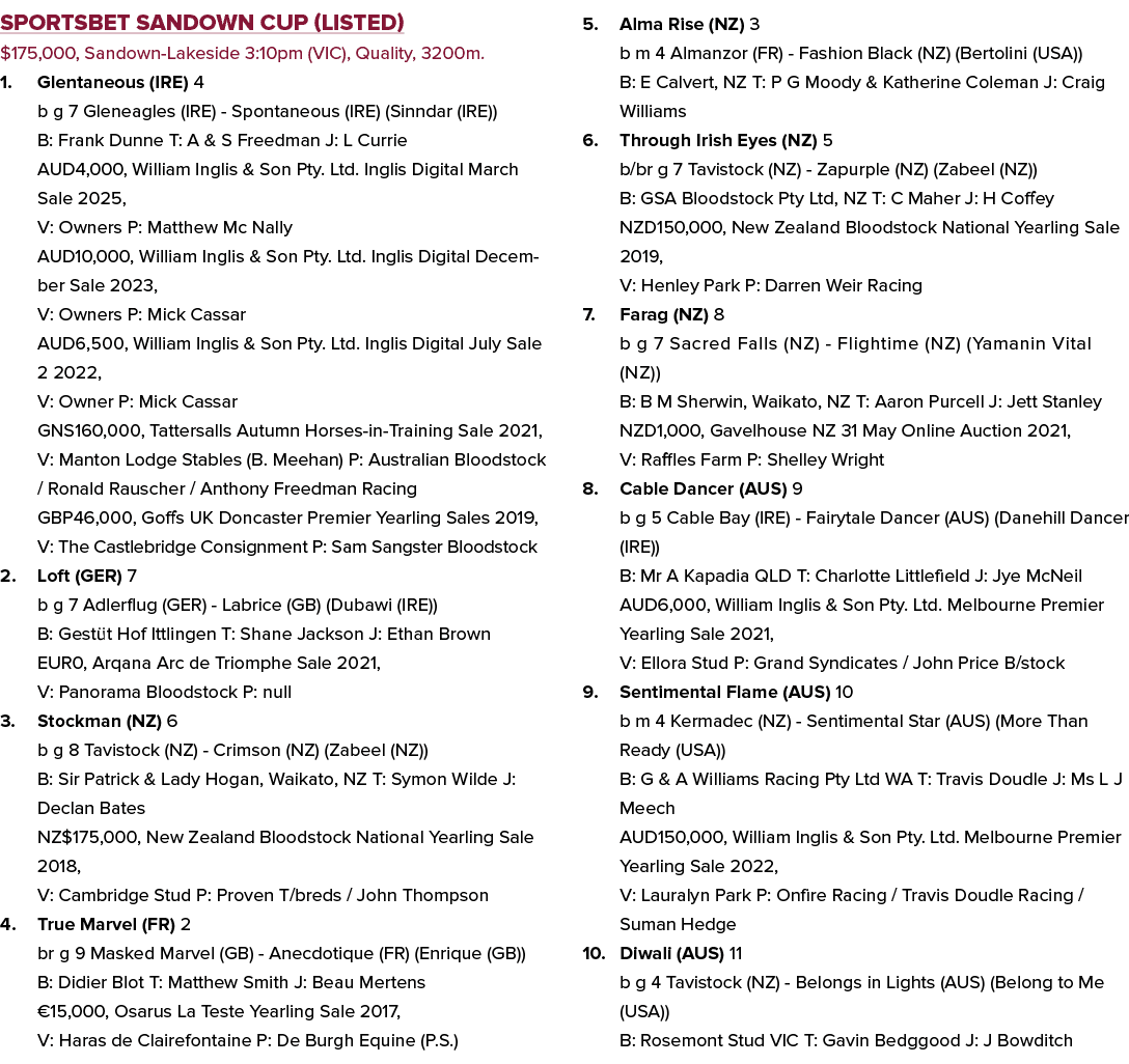 Sportsbet Sandown Cup (Listed) $175,000, Sandown Lakeside 3:10pm (VIC), Quality, 3200m. 1. Glentaneous (IRE) 4 b g 7 ...
