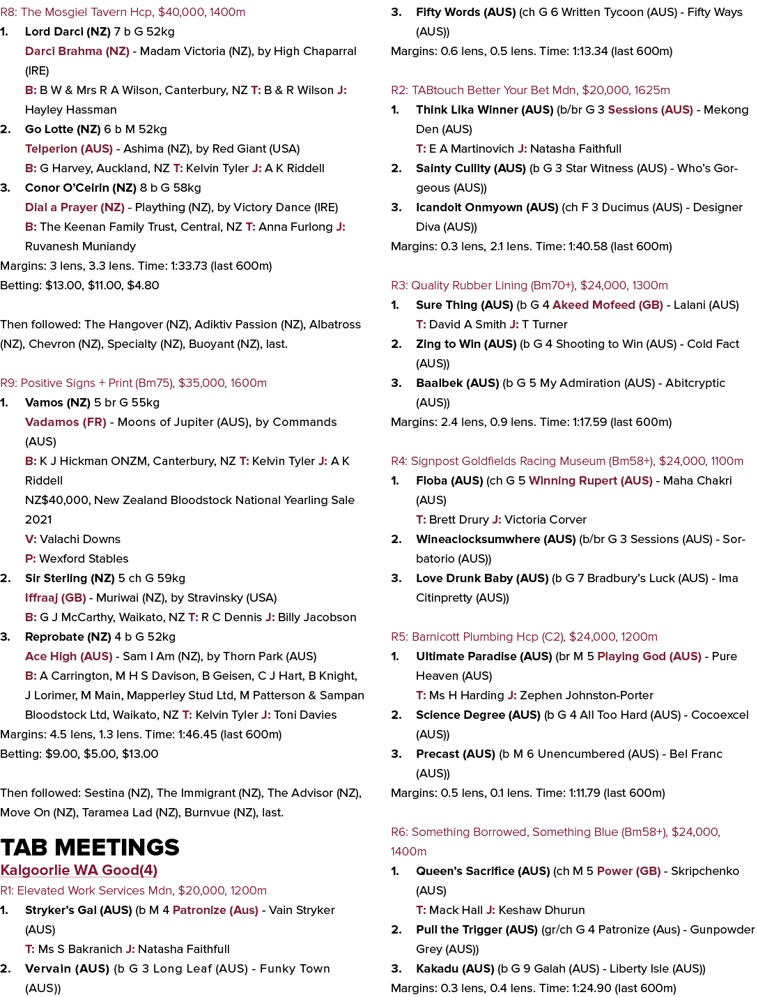 R8: The Mosgiel Tavern Hcp, $40,000, 1400m 1. Lord Darci (NZ) 7 b G 52kg Darci Brahma (NZ) Madam Victoria (NZ), by Hi...