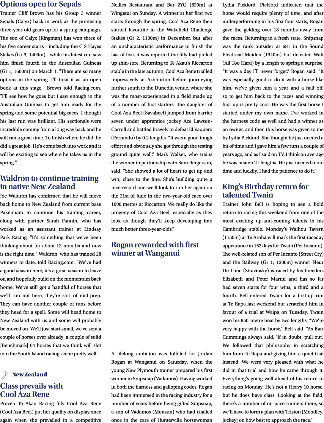 Options open for Sepals Trainer Cliff Brown has his Group 3 winner Sepals (Calyx) back in work as the promising three...