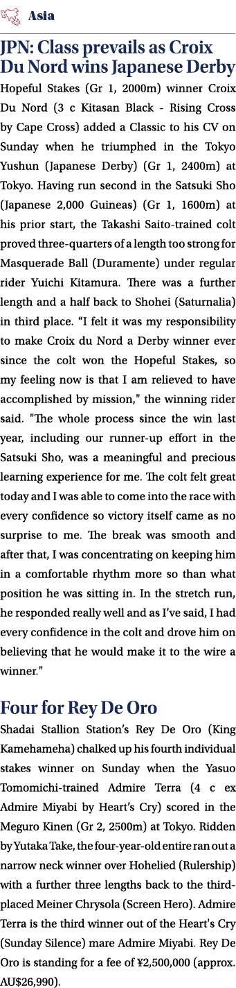 ￼ JPN: Class prevails as Croix Du Nord wins Japanese Derby Hopeful Stakes (Gr 1, 2000m) winner Croix Du Nord (3 c Kit...