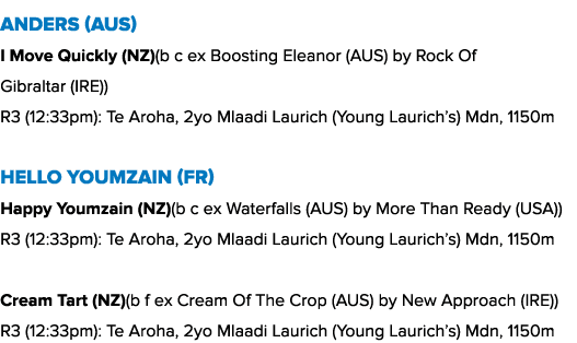 Anders (AUS) I Move Quickly (NZ)(b c ex Boosting Eleanor (AUS) by Rock Of Gibraltar (IRE)) R3 (12:33pm): Te Aroha, 2y...