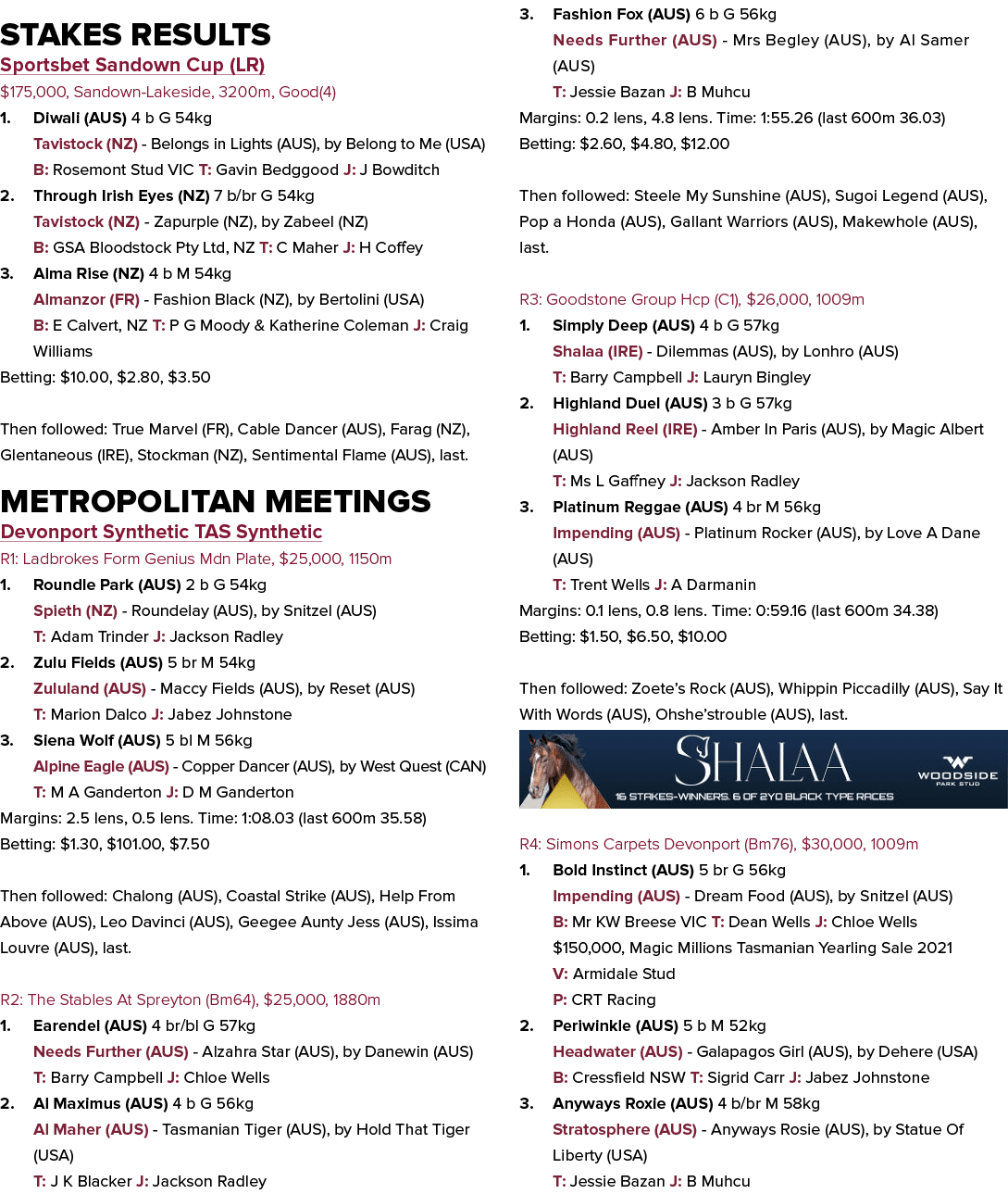 Stakes Results Sportsbet Sandown Cup (LR) $175,000, Sandown Lakeside, 3200m, Good(4) 1. Diwali (AUS) 4 b G 54kg Tavis...