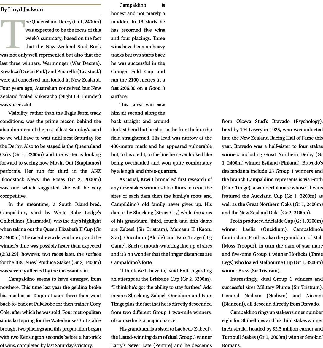 ￼ The Queensland Derby (Gr 1, 2400m) was expected to be the focus of this week’s summary, based on the fact that the ...
