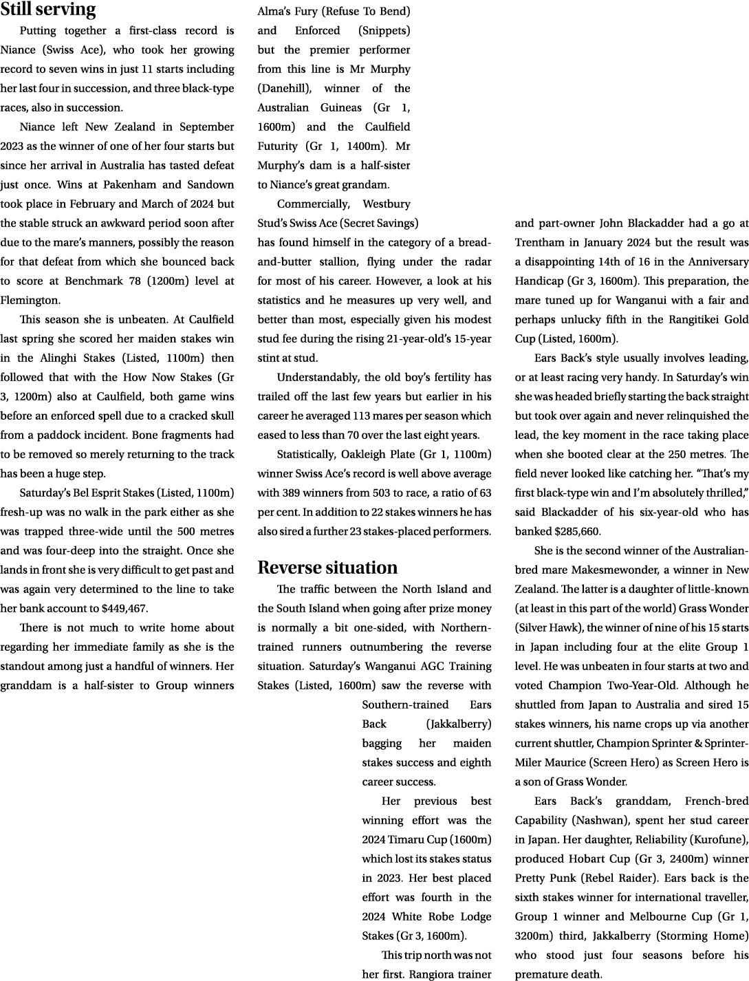 Still serving Putting together a first class record is Niance (Swiss Ace), who took her growing record to seven wins ...