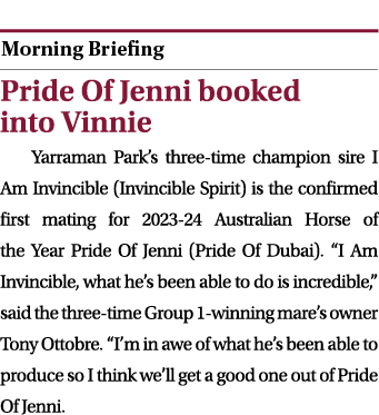  ￼ Pride Of Jenni booked into Vinnie Yarraman Park’s three time champion sire I Am Invincible (Invincible Spirit) is ...