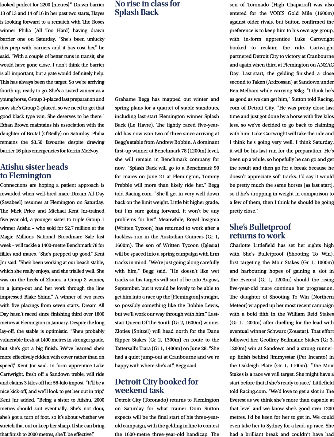 looked perfect for 2200 [metres].” Drawn barrier 13 of 13 and 14 of 16 in her past two starts, Hayes is looking forwa...