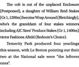 The colt is out of the unplaced Enclosure (Postponed), a daughter of William Reid Stakes (Gr 1, 1200m) heroine Wrap A...