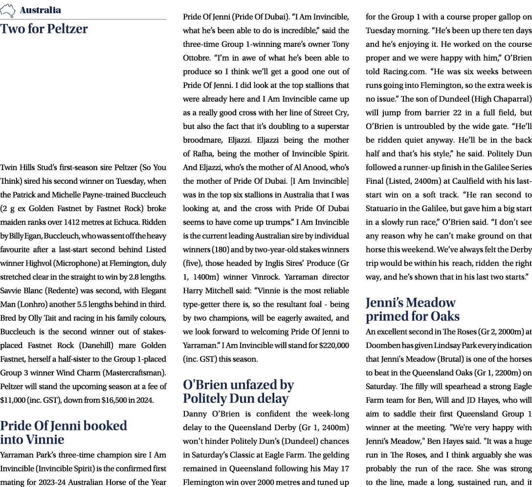 ￼ Two for Peltzer Twin Hills Stud’s first season sire Peltzer (So You Think) sired his second winner on Tuesday, when...