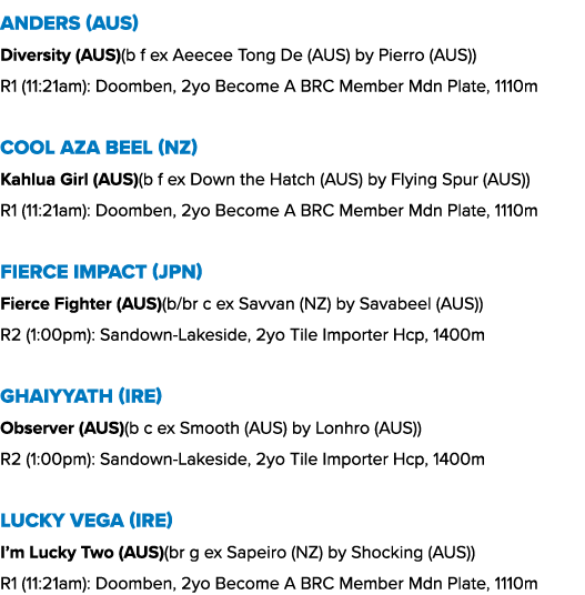 Anders (AUS) Diversity (AUS)(b f ex Aeecee Tong De (AUS) by Pierro (AUS)) R1 (11:21am): Doomben, 2yo Become A BRC Mem...