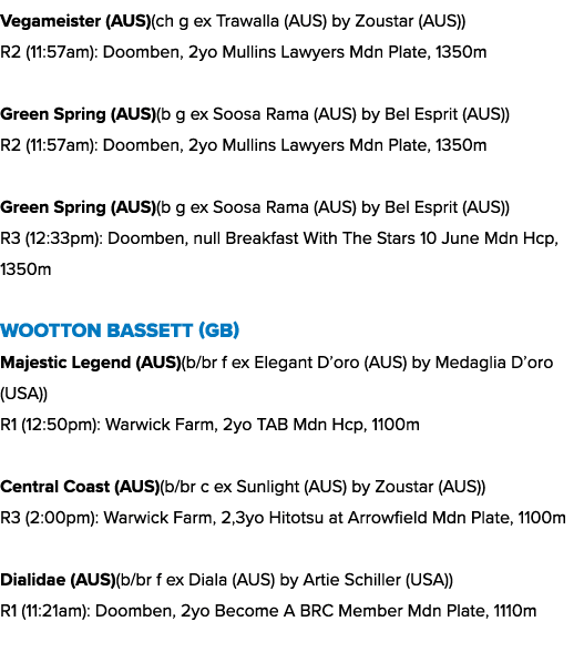 Vegameister (AUS)(ch g ex Trawalla (AUS) by Zoustar (AUS)) R2 (11:57am): Doomben, 2yo Mullins Lawyers Mdn Plate, 1350...