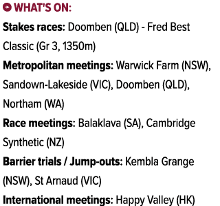 ￼ What's on: Stakes races: Doomben (QLD) Fred Best Classic (Gr 3, 1350m) Metropolitan meetings: Warwick Farm (NSW), S...