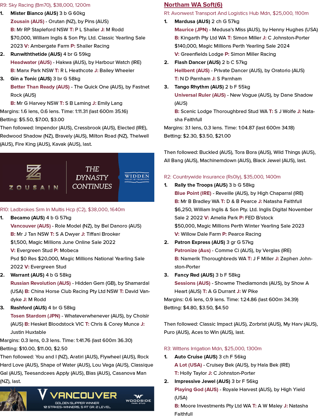 R9: Sky Racing (Bm70), $38,000, 1200m 1. Mister Bianco (AUS) 3 b G 60kg Zousain (AUS) Orutan (NZ), by Pins (AUS) B: M...