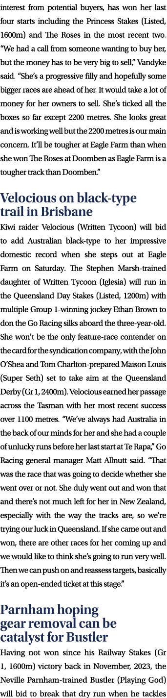 interest from potential buyers, has won her last four starts including the Princess Stakes (Listed, 1600m) and The Ro...