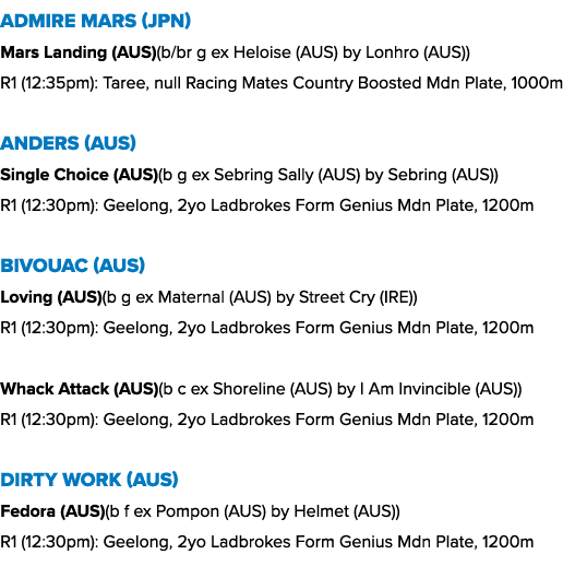Admire Mars (JPN) Mars Landing (AUS)(b/br g ex Heloise (AUS) by Lonhro (AUS)) R1 (12:35pm): Taree, null Racing Mates ...