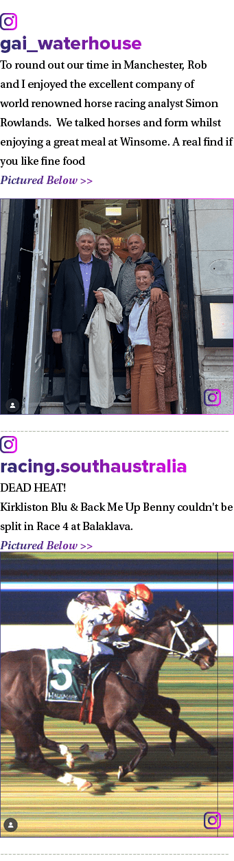 ￼ gai_waterhouse To round out our time in Manchester, Rob and I enjoyed the excellent company of world renowned horse...