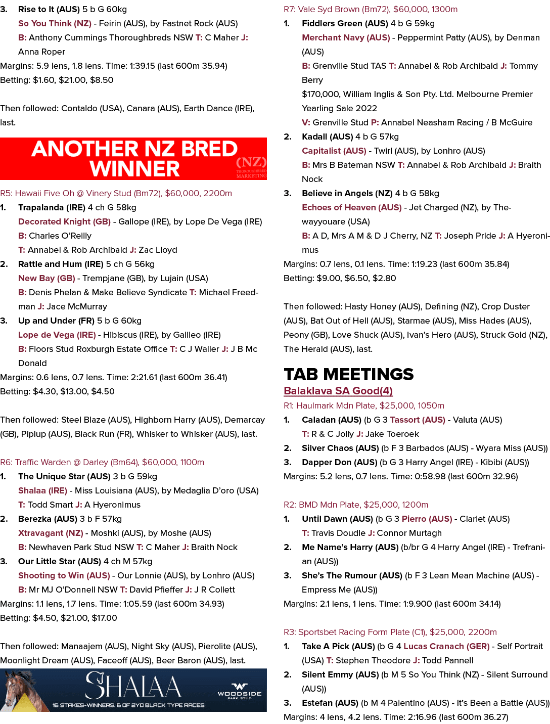 3. Rise to It (AUS) 5 b G 60kg So You Think (NZ) Feirin (AUS), by Fastnet Rock (AUS) B: Anthony Cummings Thoroughbred...
