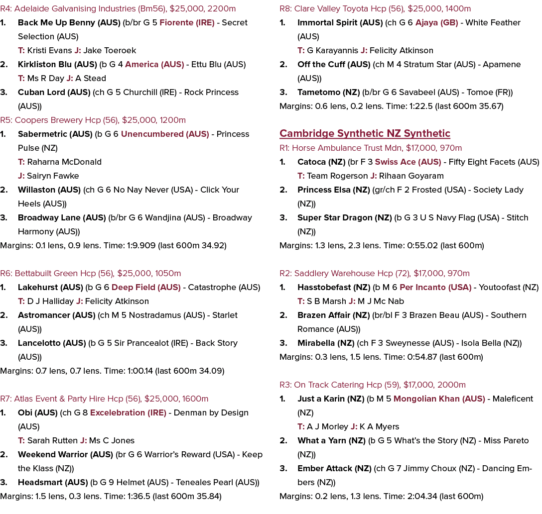 R4: Adelaide Galvanising Industries (Bm56), $25,000, 2200m 1. Back Me Up Benny (AUS) (b/br G 5 Fiorente (IRE) Secret ...