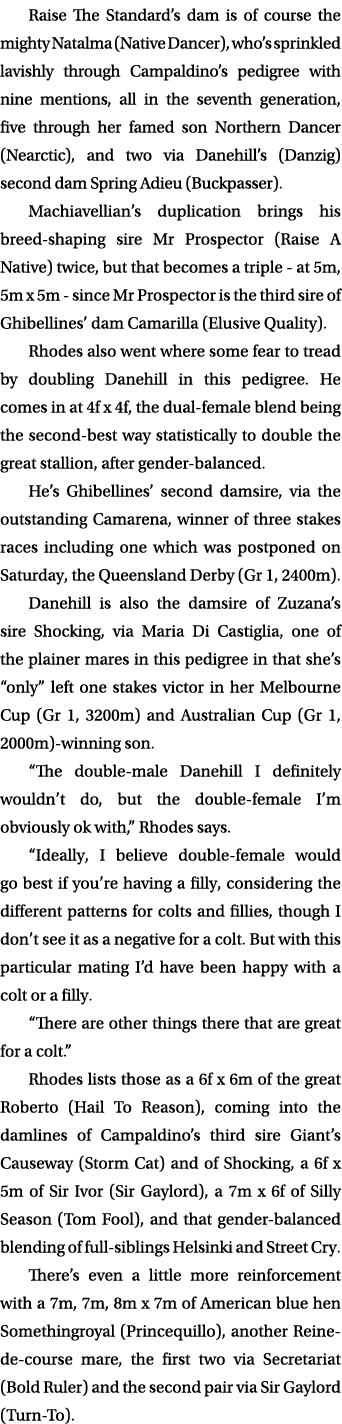 Raise The Standard’s dam is of course the mighty Natalma (Native Dancer), who’s sprinkled lavishly through Campaldino...