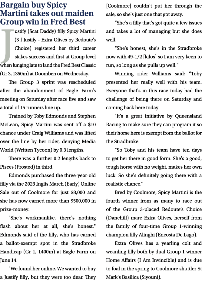 Bargain buy Spicy Martini takes out maiden Group win in Fred Best Justify (Scat Daddy) filly Spicy Martini (3 f Justi...